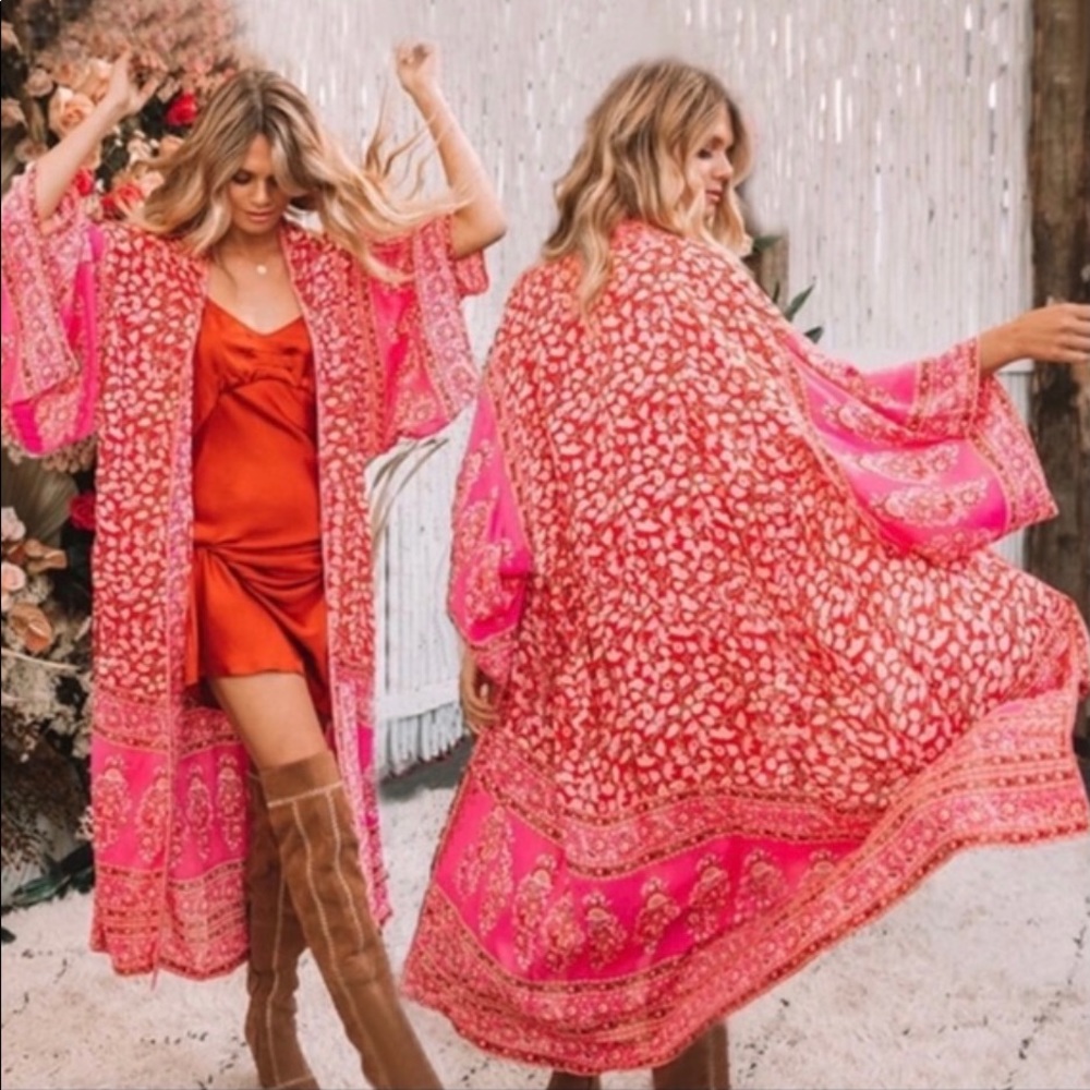 Bohemian Tropical Printed Reddish Orange Ankle Length Beach Wear Kimono Dress